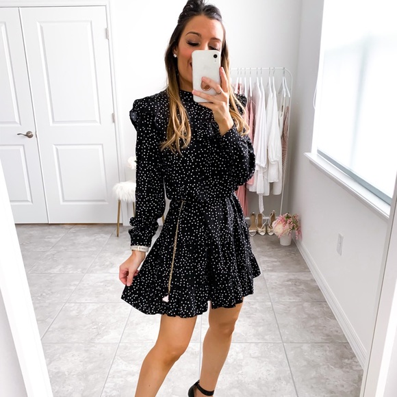 Black Polka Dot Ruffle Hem Shift Dress - Picture 13 of 14